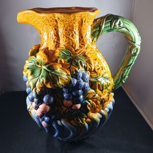 Vintage MCM Majolica Grape Large Pitcher Pottery